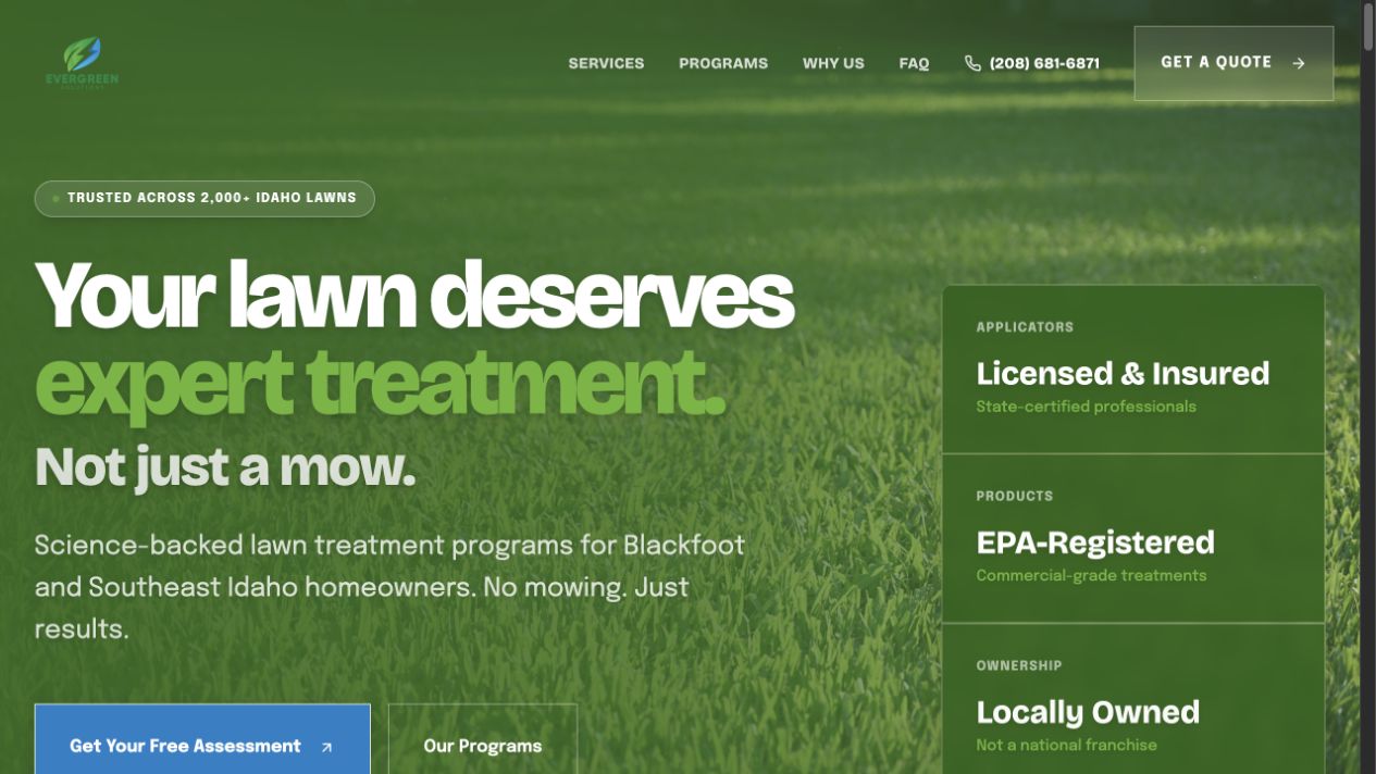 Evergreen Lawn and Pest Control website homepage