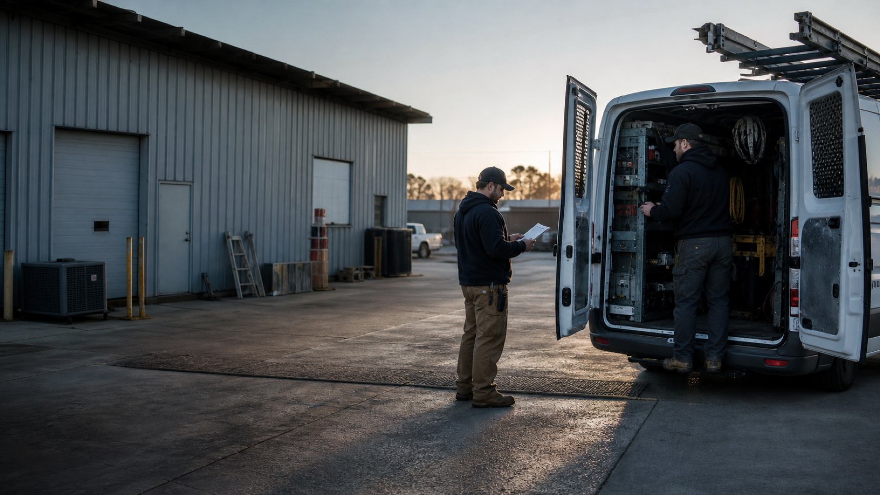 A service crew preparing their van for the day