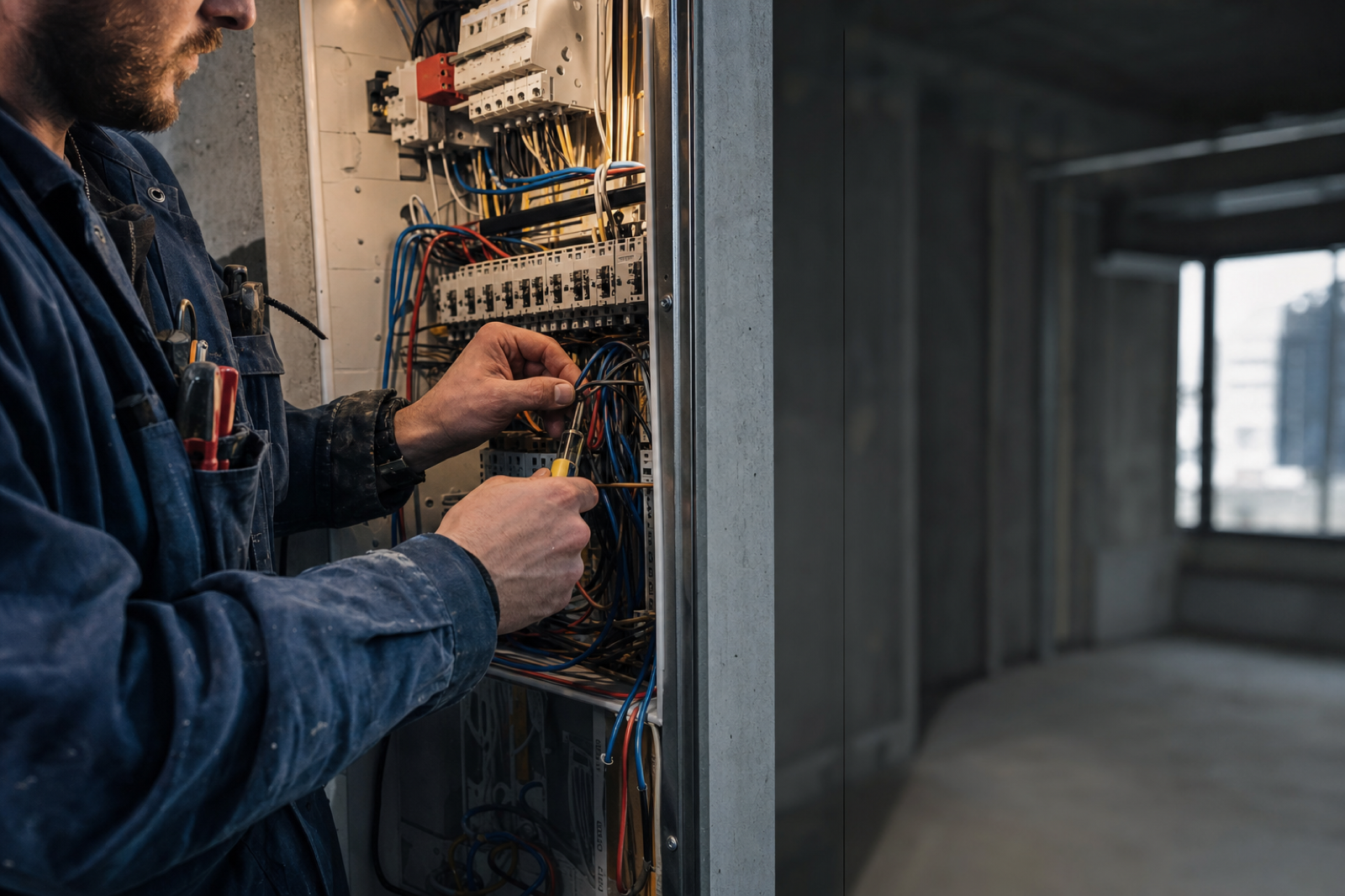 An electrician working carefully inside a control panel