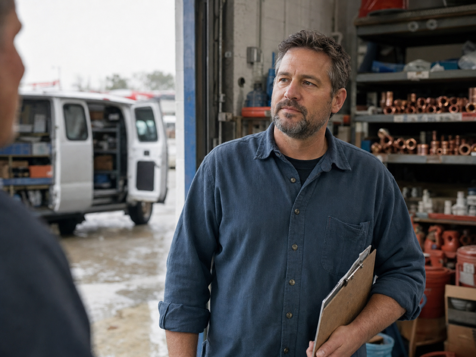 A trade business owner talking with a member of his crew